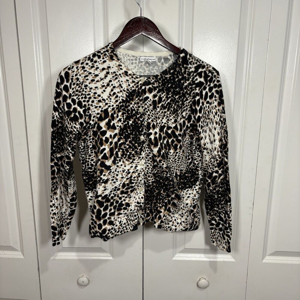 Croft and Barrow Womens Petite M Cardigan Leopard Animal Print Sweater Boho Chic